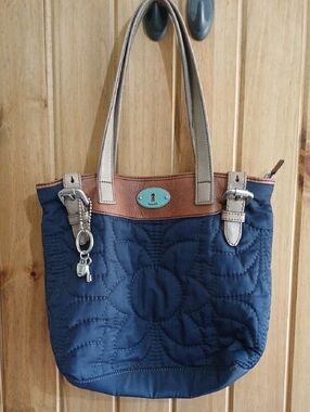 Fossil Quilted Navy Key-Per Tote with Brown Leather Trim and Silver Charm